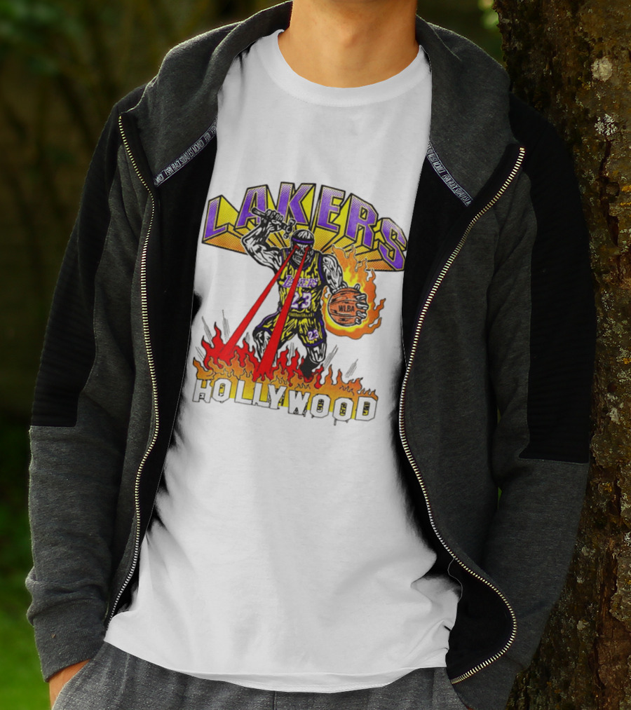 Rare Warren Lotas Los Angeles Lakers Hollywood Basketball Player Flames Laser Eyes 23 Team T-Shirt
