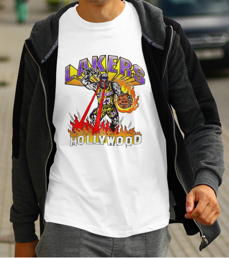 Rare Warren Lotas Los Angeles Lakers Hollywood Basketball Player Flames Laser Eyes 23 Team T-Shirt