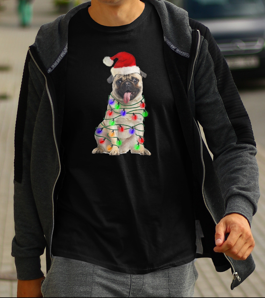 Christmas Pug Wrapped In Festive Lights Wearing Santa Hat T-Shirt