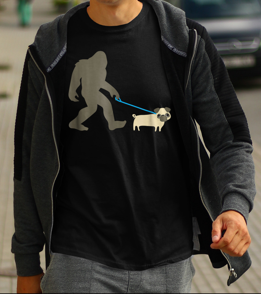 Bigfoot Walking Pug Funny Cute Sasquatch Dog Leash T-Shirt