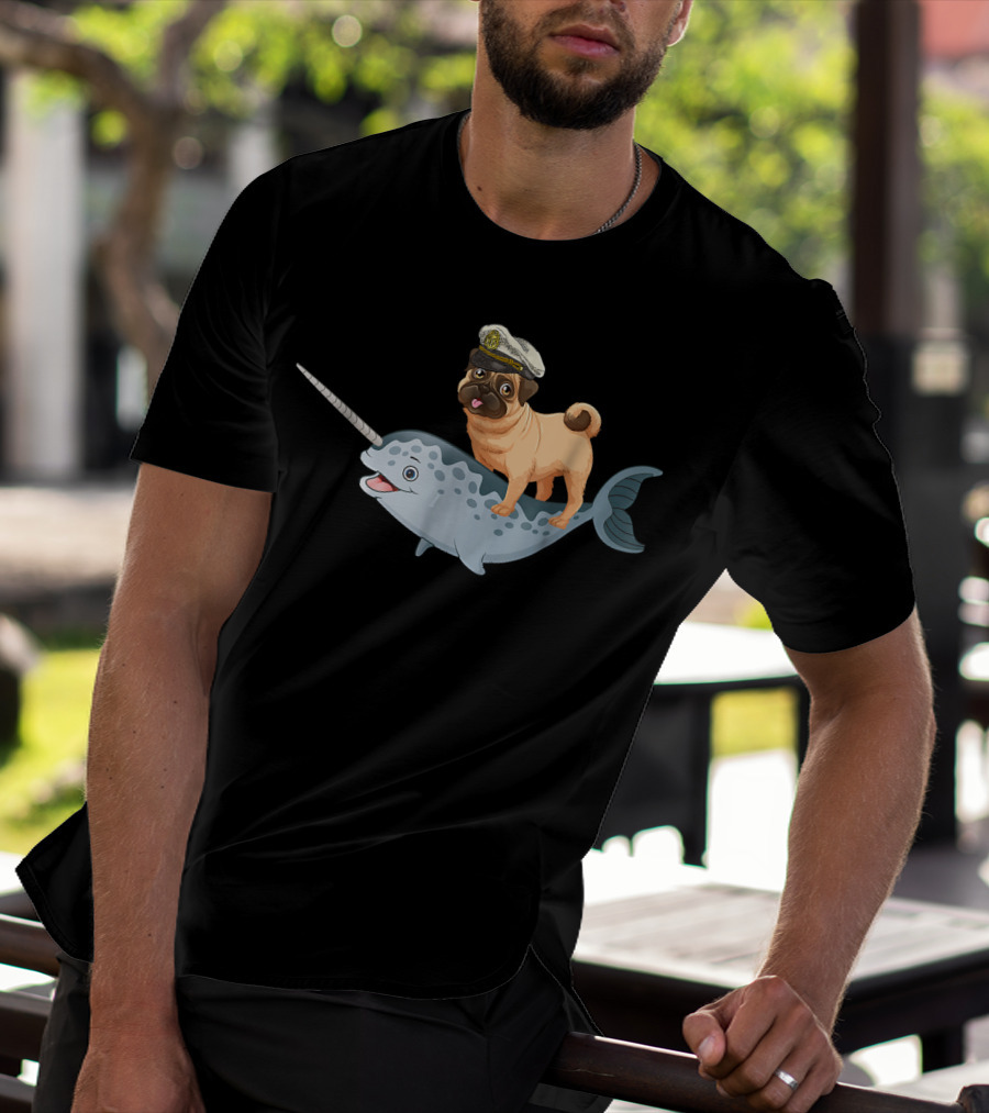 Captain Pug On Narwhal Funny Pug Adventure T-Shirt