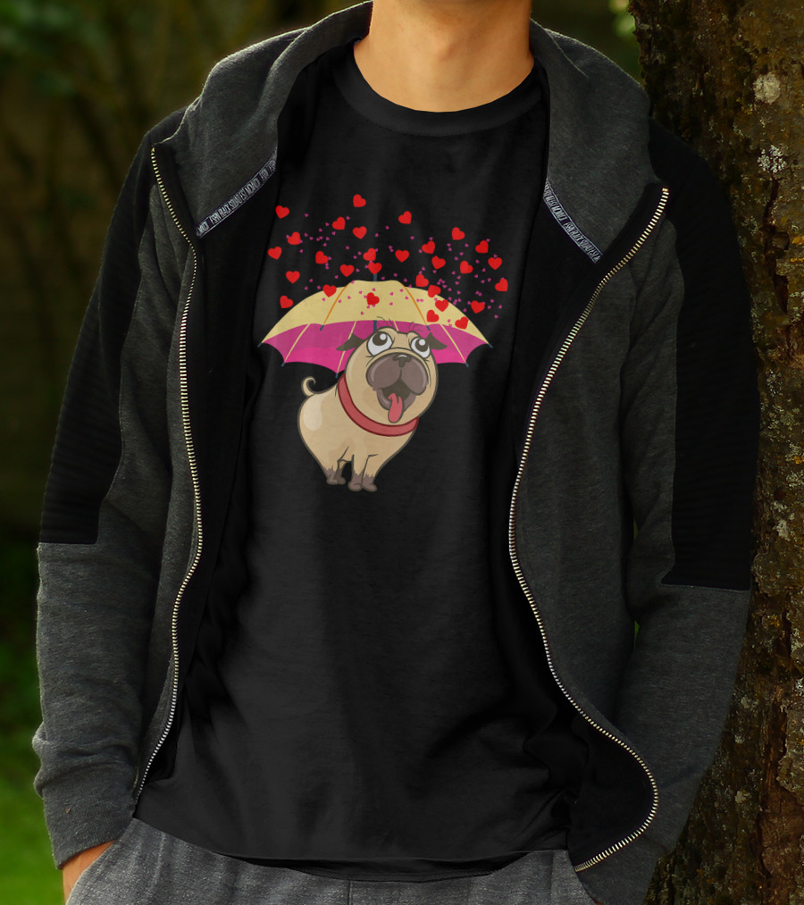 Cute Pug Dog Under Heart Umbrella Valentines Day Pug Lover T-Shirt