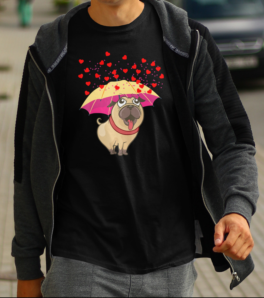 Cute Pug Dog Under Heart Umbrella Valentines Day Pug Lover T-Shirt