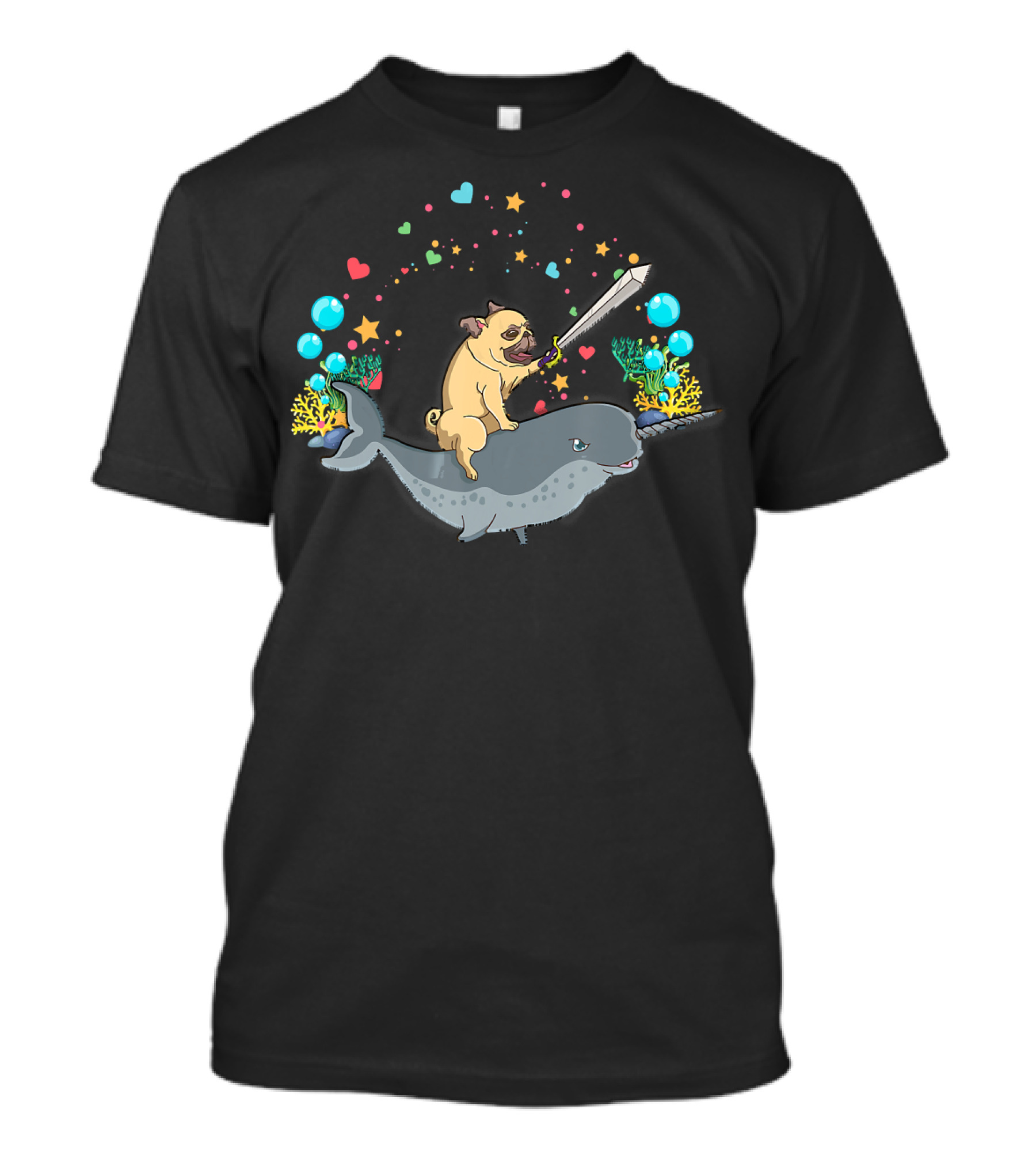 Warrior Pug With Sword Rides A Narwhal Surrounded By Hearts And Stars T-Shirt