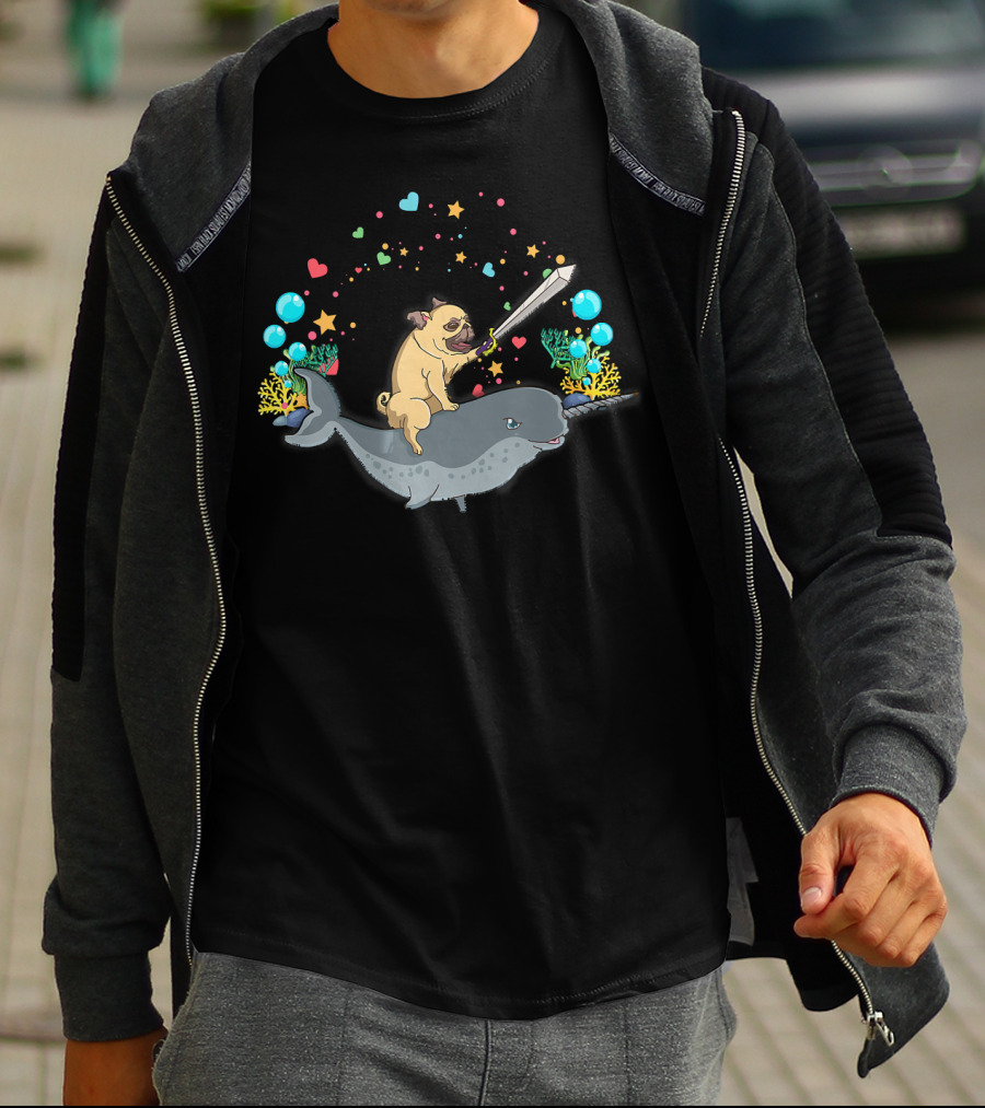 Warrior Pug With Sword Rides A Narwhal Surrounded By Hearts And Stars T-Shirt