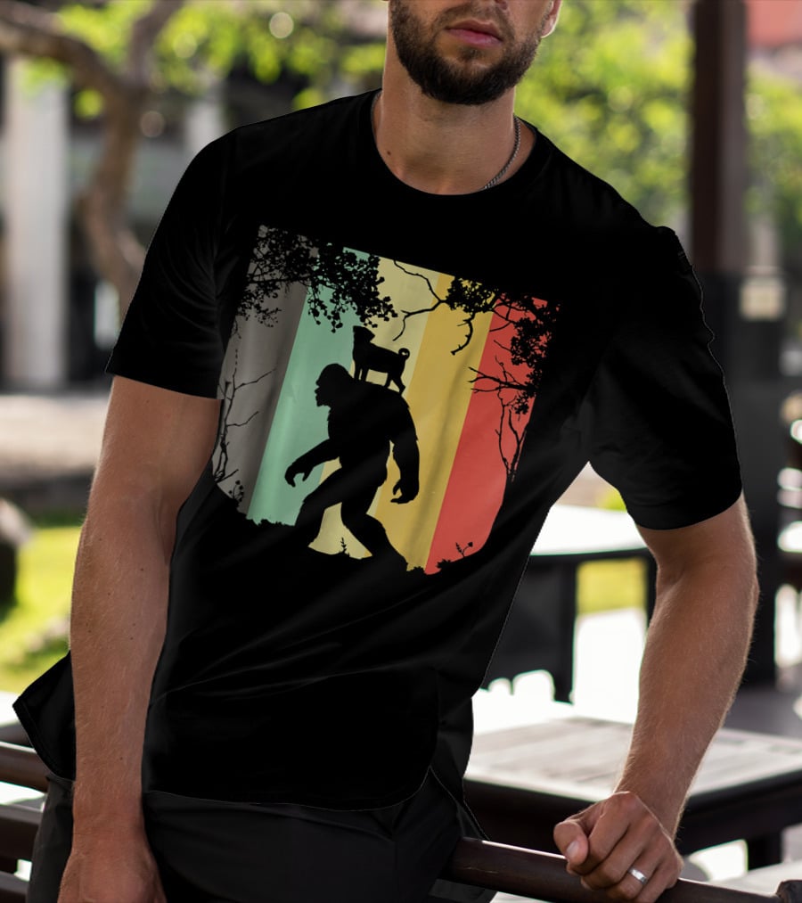Pug Riding Bigfoot Vintage Retro Sunset Stripes T-Shirt