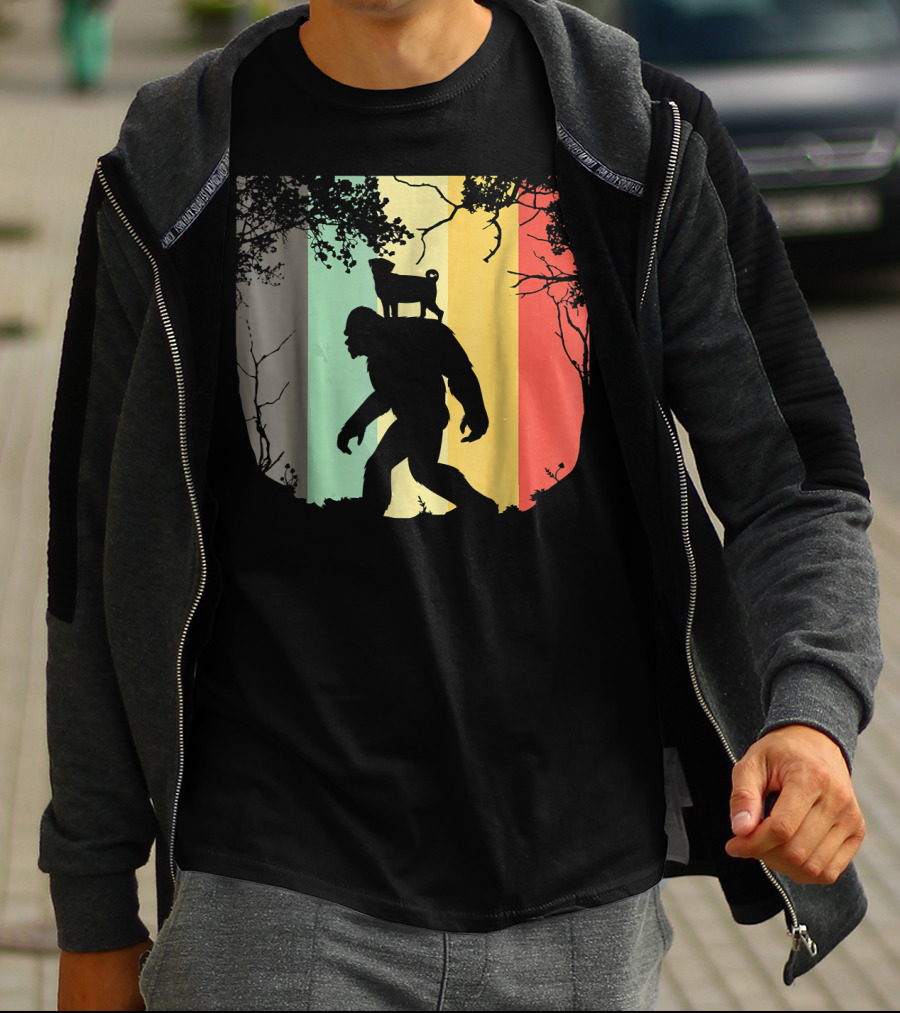 Pug Riding Bigfoot Vintage Retro Sunset Stripes T-Shirt