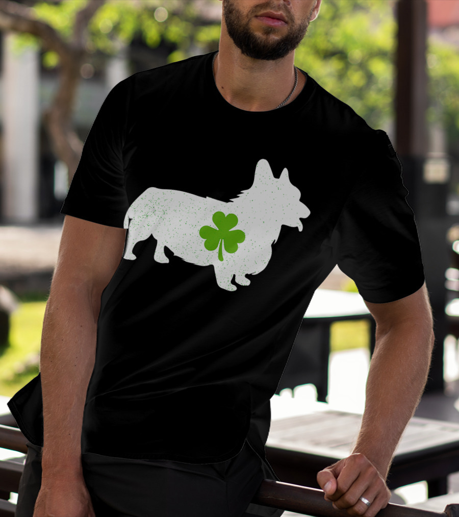 Corgi Silhouette With Green Clover Irish T-Shirt
