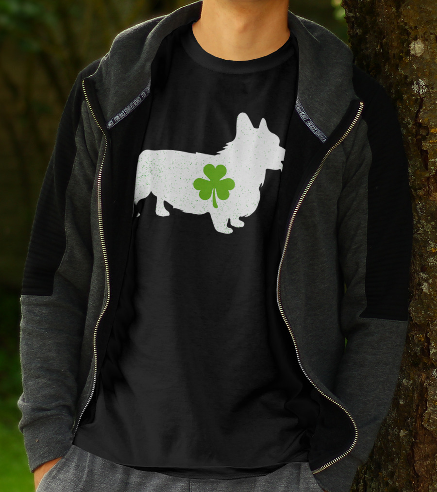 Corgi Silhouette With Green Clover Irish T-Shirt