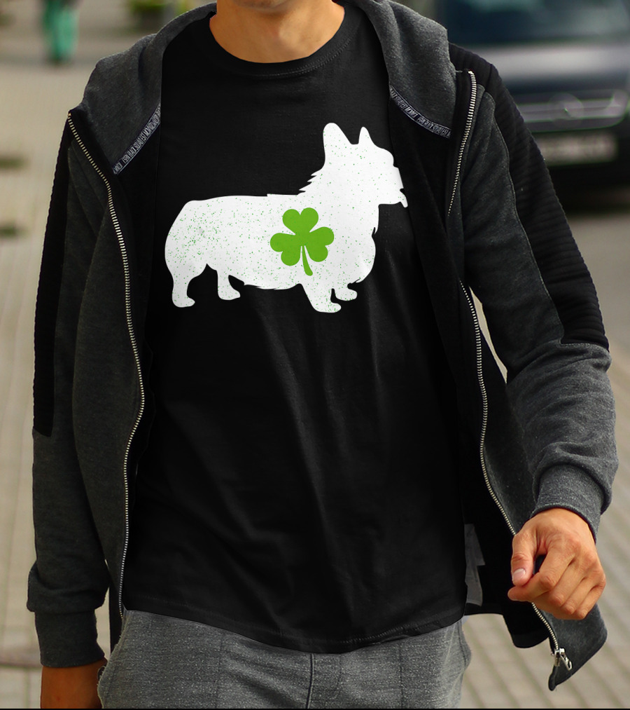 Corgi Silhouette With Green Clover Irish T-Shirt