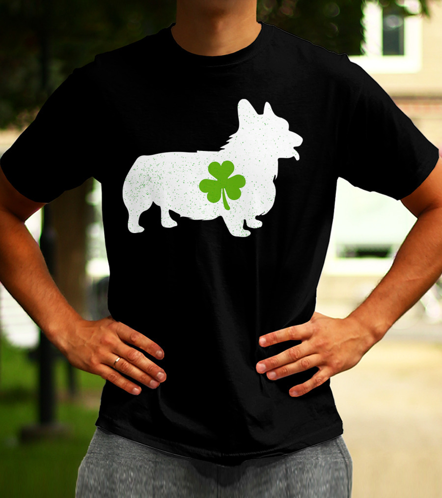 Corgi Silhouette With Green Clover Irish T-Shirt