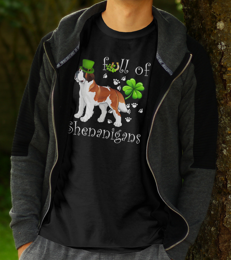Full Of Shenanigans St Bernard Dog With Shamrock Hat And Paw Prints T-Shirt