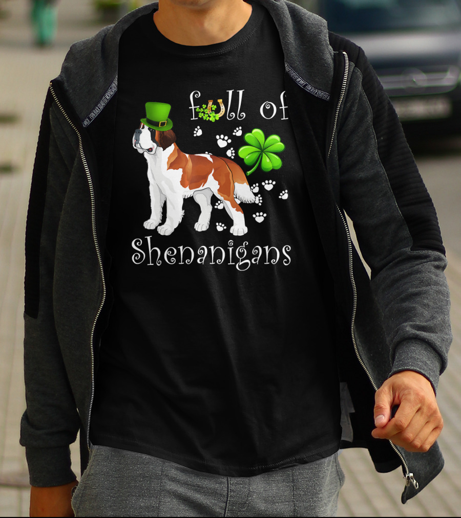 Full Of Shenanigans St Bernard Dog With Shamrock Hat And Paw Prints T-Shirt