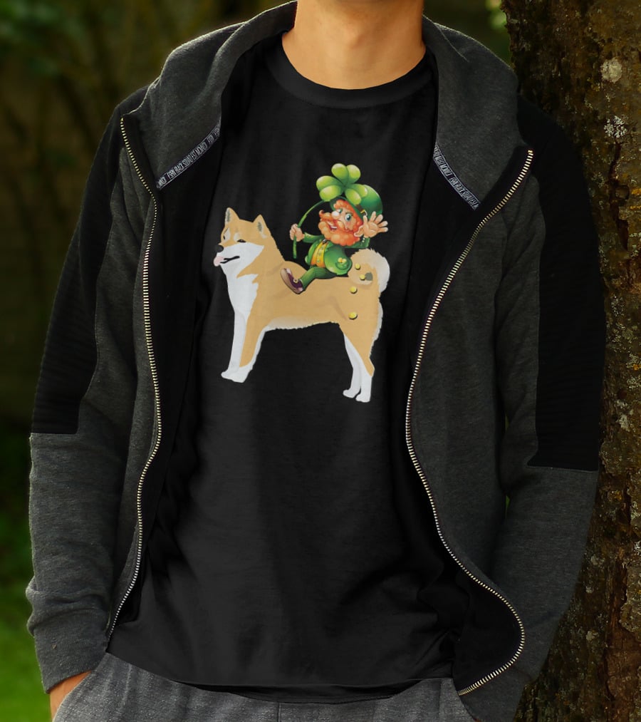 Leprechaun On Shiba Inu With Shamrock Rider T-Shirt