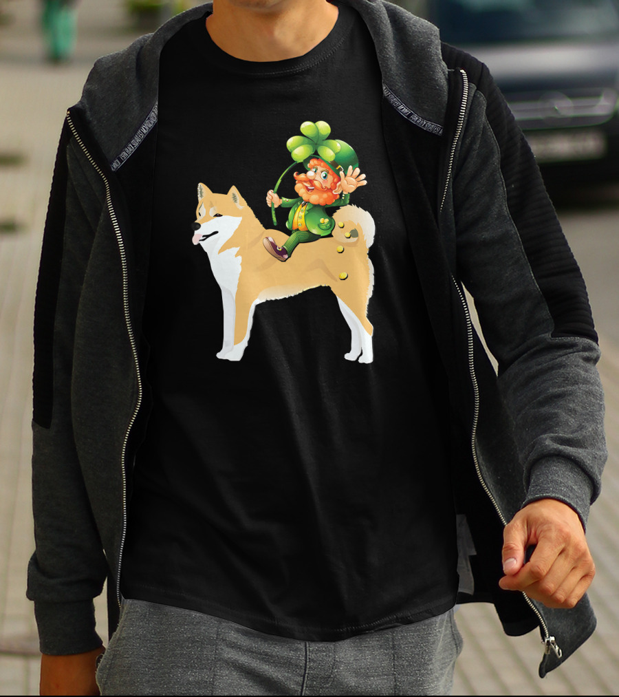 Leprechaun On Shiba Inu With Shamrock Rider T-Shirt