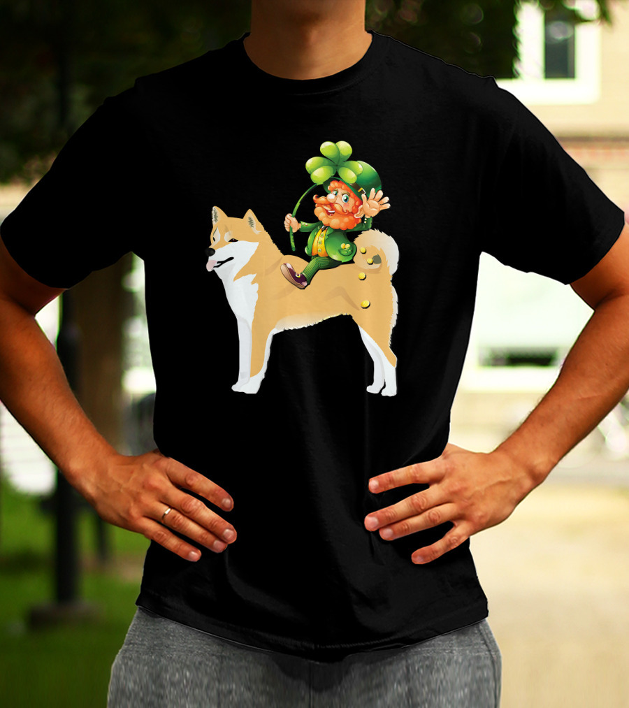 Leprechaun On Shiba Inu With Shamrock Rider T-Shirt