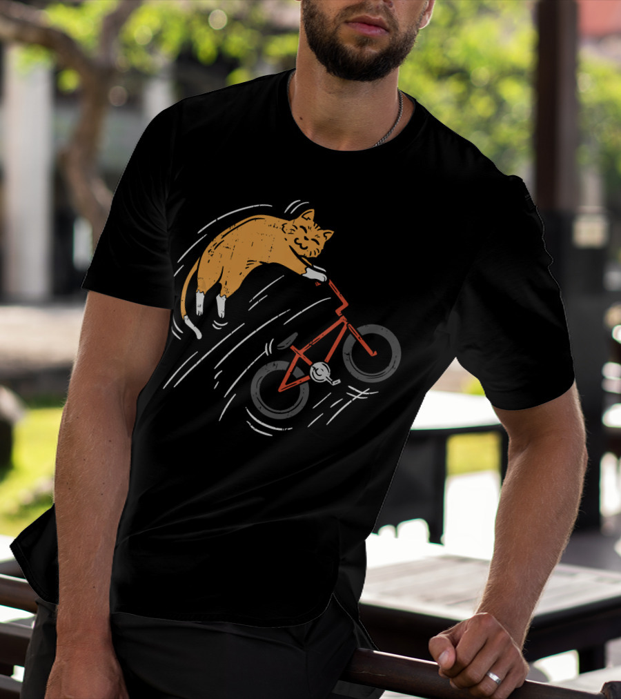 Orange Cat Riding Bicycle In Motion T-Shirt