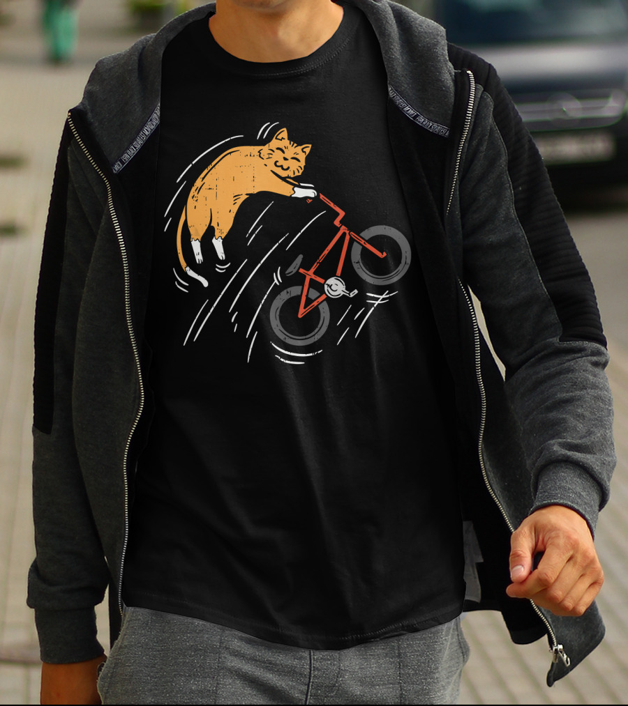 Orange Cat Riding Bicycle In Motion T-Shirt