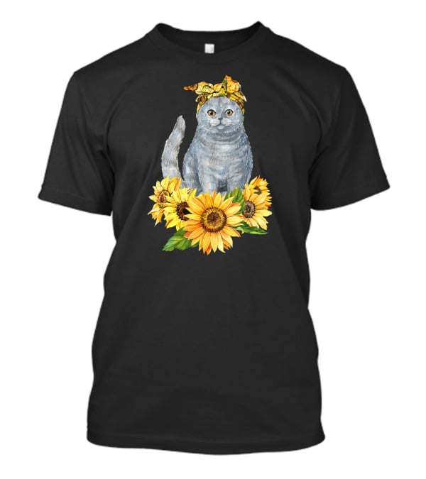 Hippie Cat With Sunflower Bandana And Sunflowers Cute Cat Lover T-Shirt