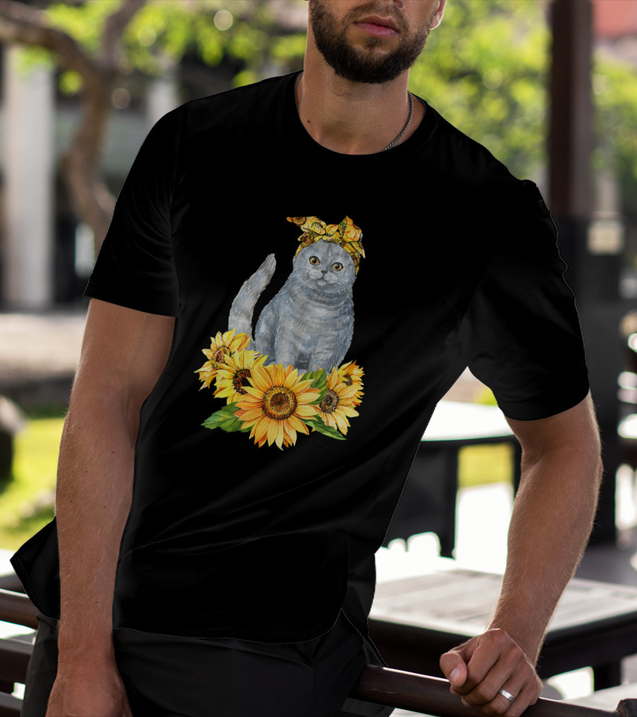 Hippie Cat With Sunflower Bandana And Sunflowers Cute Cat Lover T-Shirt