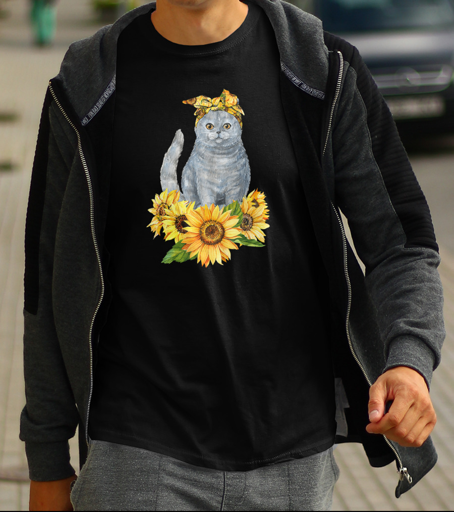 Hippie Cat With Sunflower Bandana And Sunflowers Cute Cat Lover T-Shirt