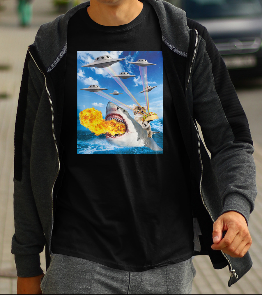 Cat Riding Fire Breathing Shark With UFO Rainbow Lasers And Taco T-Shirt