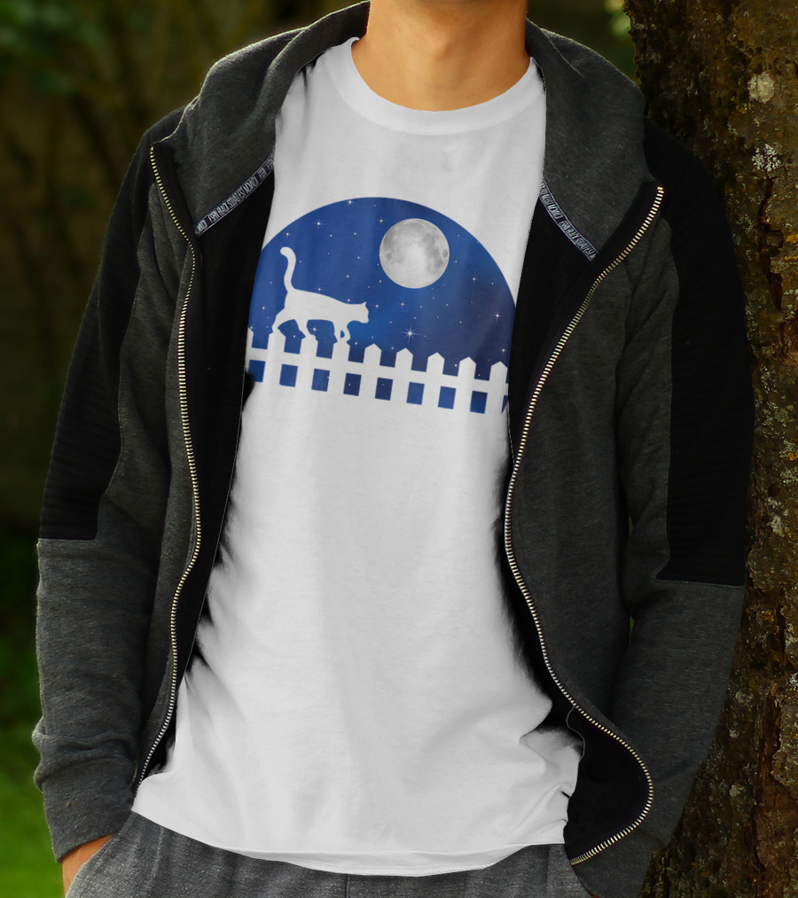 Cat Cat Moon Night Sky Walking Fence T-Shirt