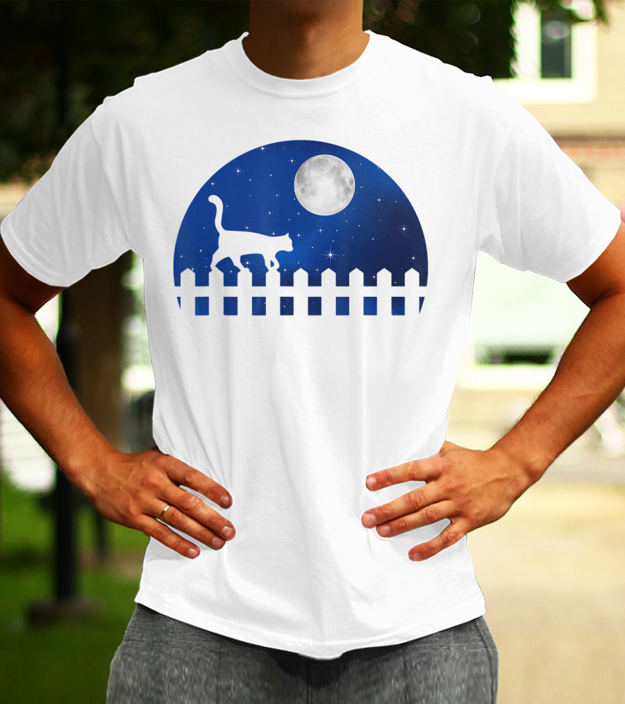 Cat Cat Moon Night Sky Walking Fence T-Shirt