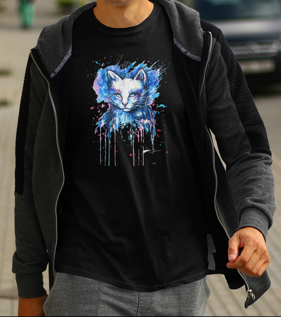 Cute Cat Cosmic Splash Watercolor T-Shirt