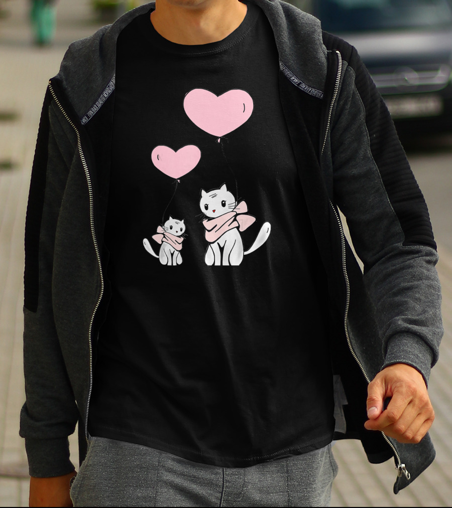 CUTE CATS Wearing Scarves Holding Pink Heart Balloons T-Shirt