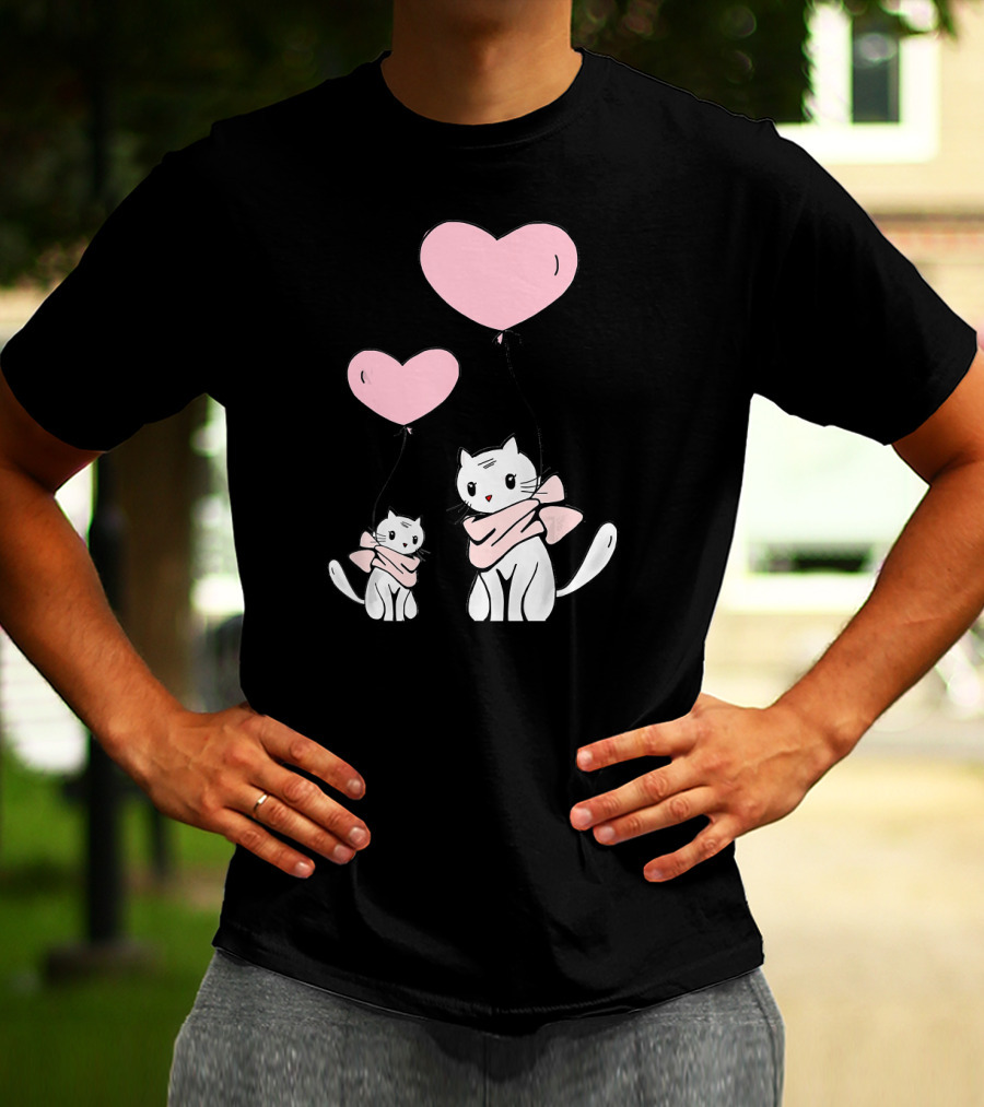 CUTE CATS Wearing Scarves Holding Pink Heart Balloons T-Shirt