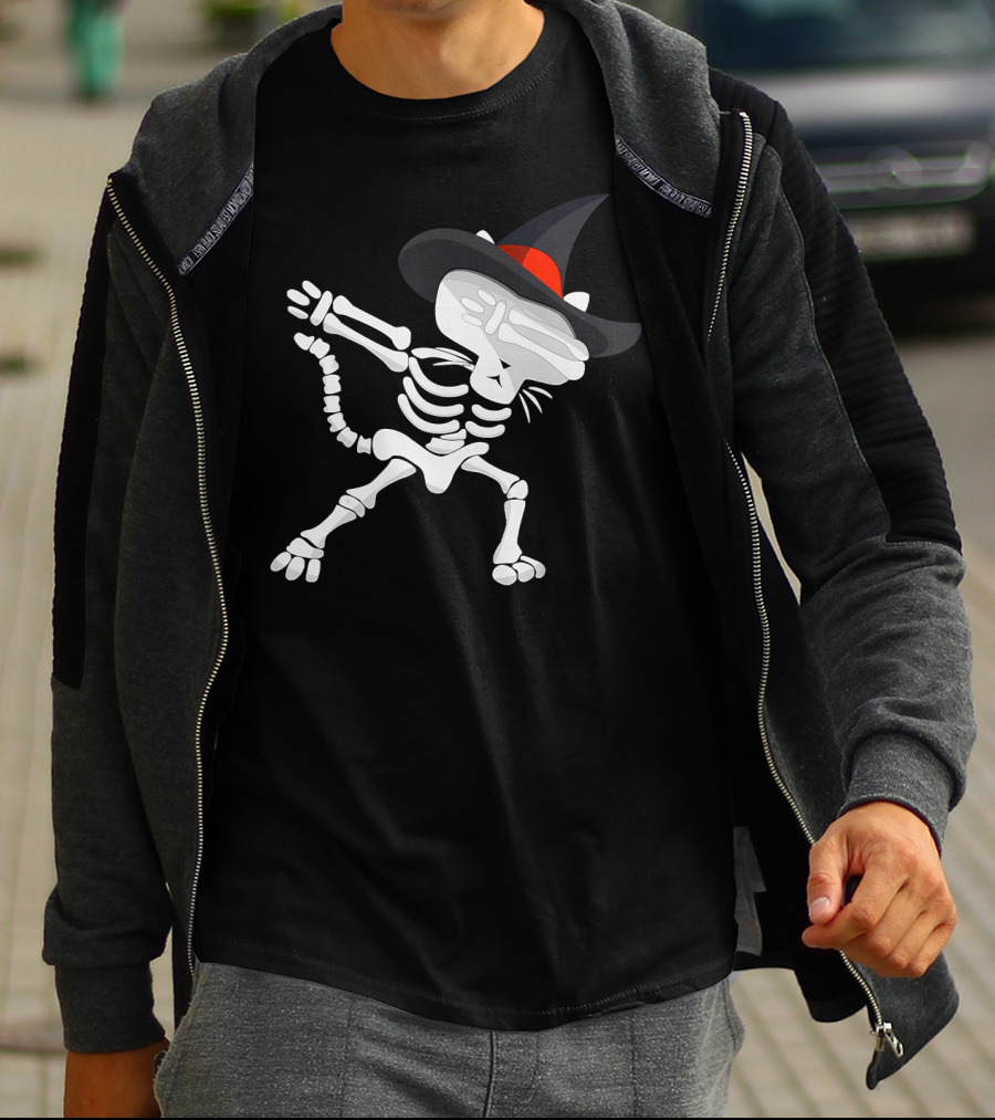 Dabbing Cat Skeleton With Witch Hat T-Shirt