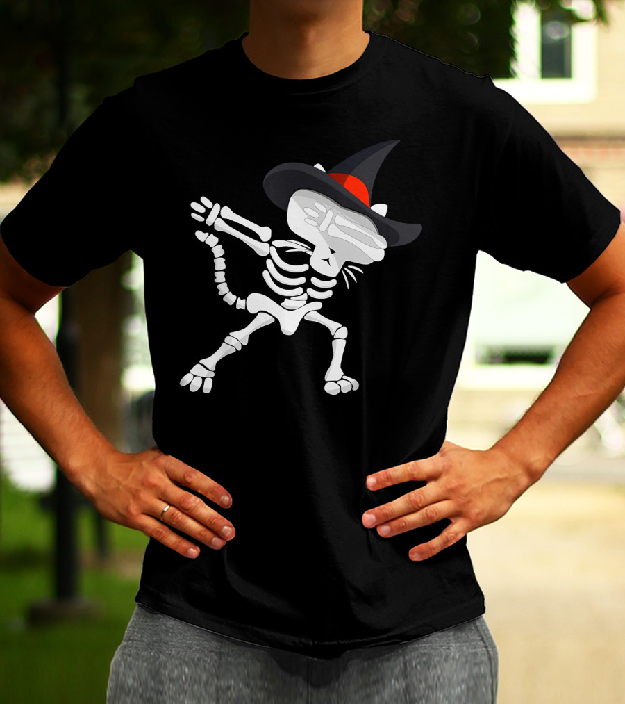 Dabbing Cat Skeleton With Witch Hat T-Shirt