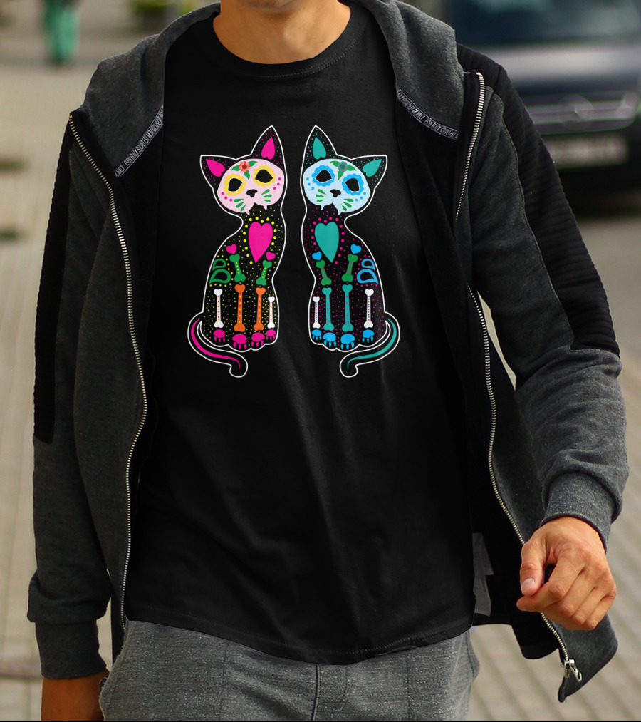 Day Of The Dead Sugar Skull Skeleton Cats T-Shirt