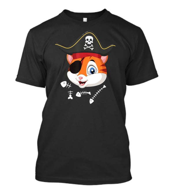 Halloween Pirate Cat With Eyepatch And Fish Bones T-Shirt