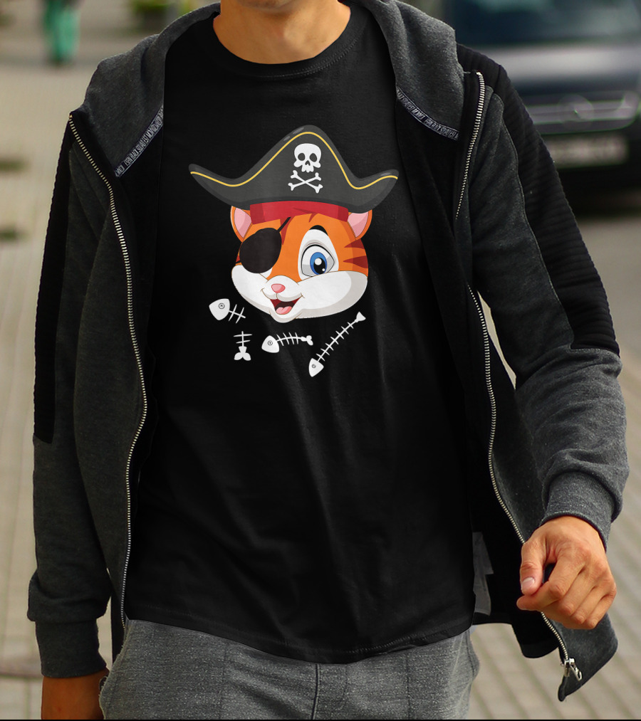 Halloween Pirate Cat With Eyepatch And Fish Bones T-Shirt