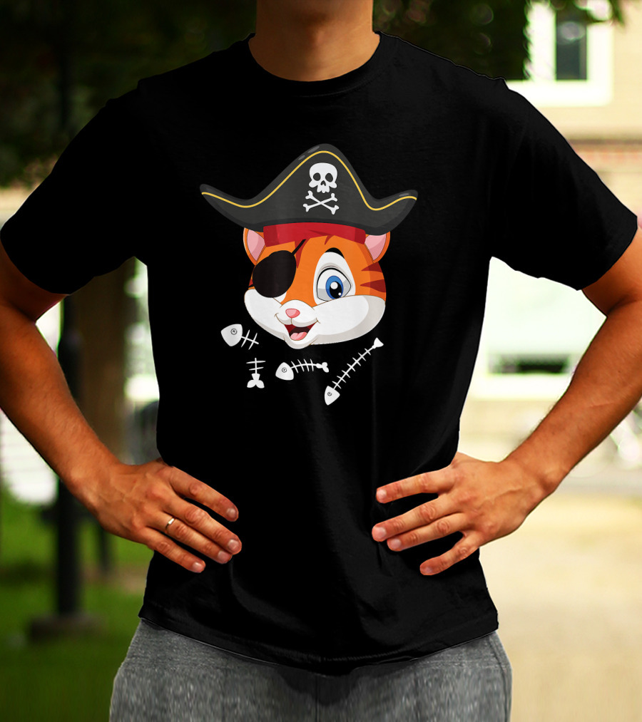 Halloween Pirate Cat With Eyepatch And Fish Bones T-Shirt
