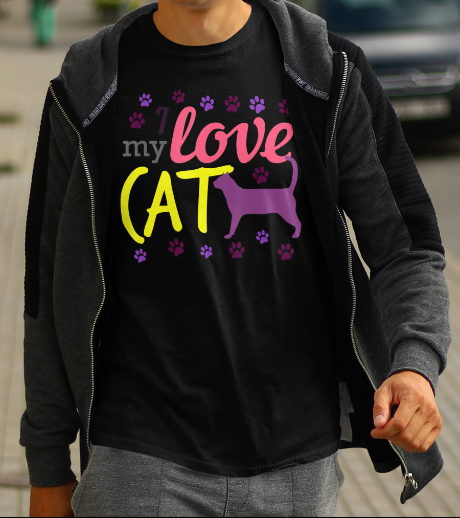 I Love My Cat Feline Owner Cute Pet Purple Paw Prints T-Shirt