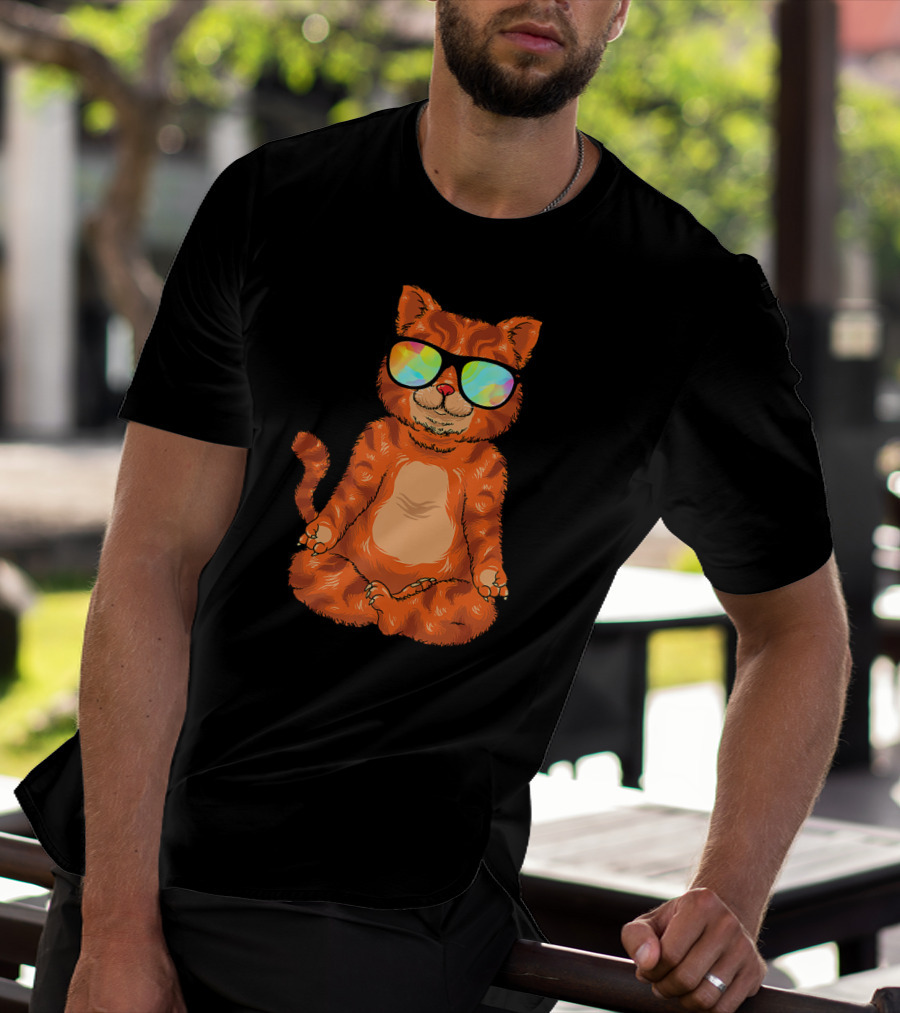 Meditating Cat In Colorful Sunglasses Yoga Pose Cute Drawing T-Shirt