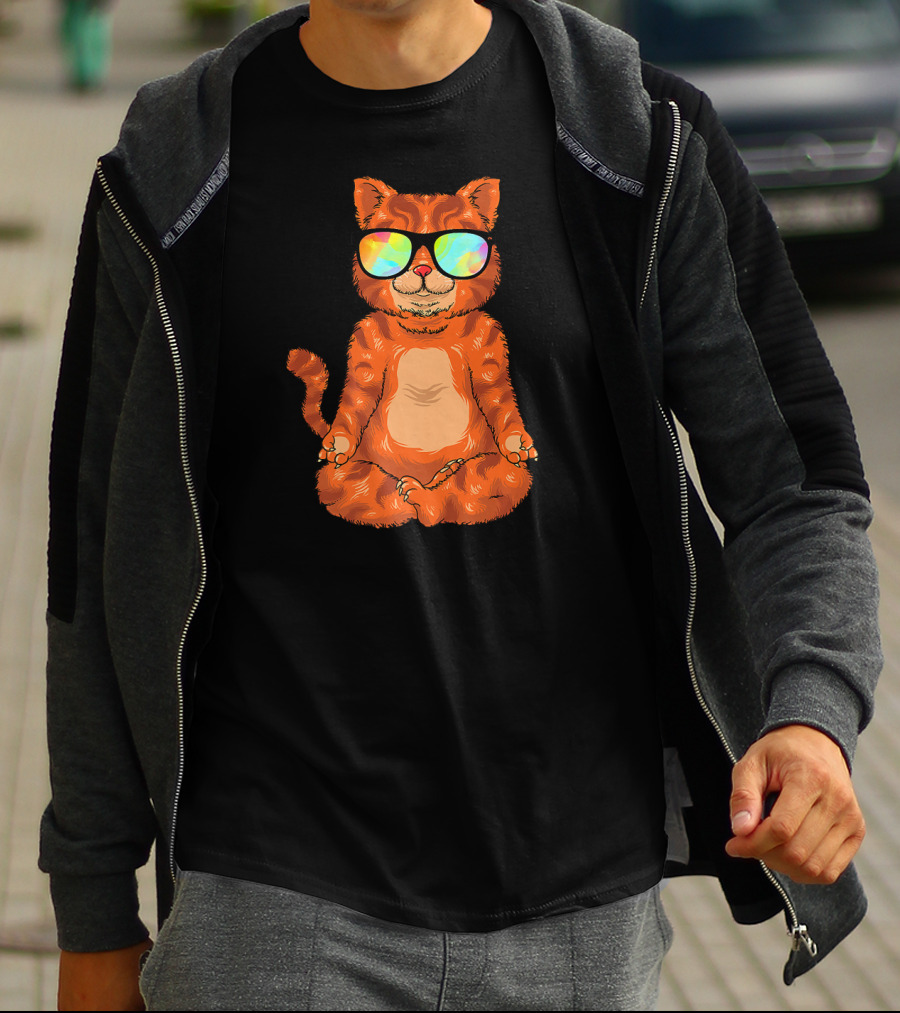 Meditating Cat In Colorful Sunglasses Yoga Pose Cute Drawing T-Shirt