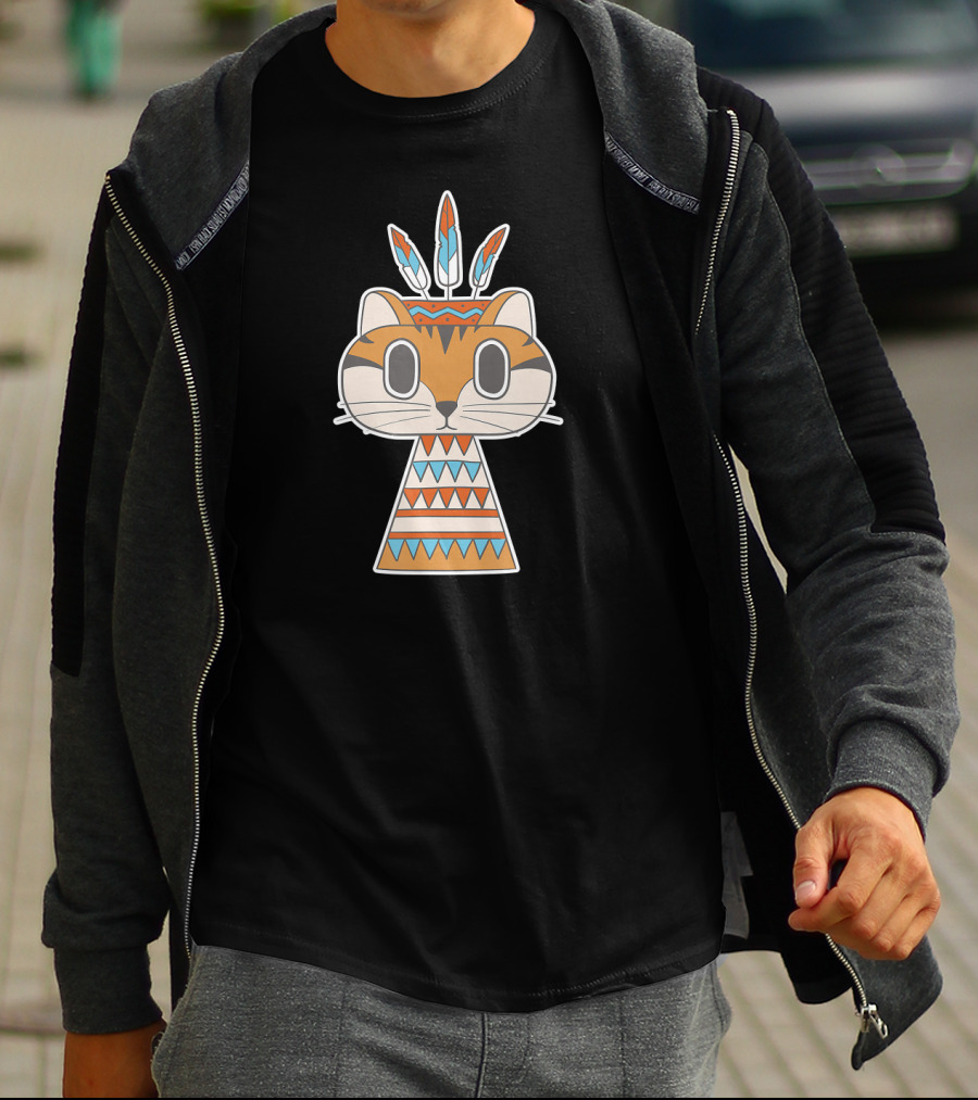 Native Cat American Boho Tribal Feathers T-Shirt