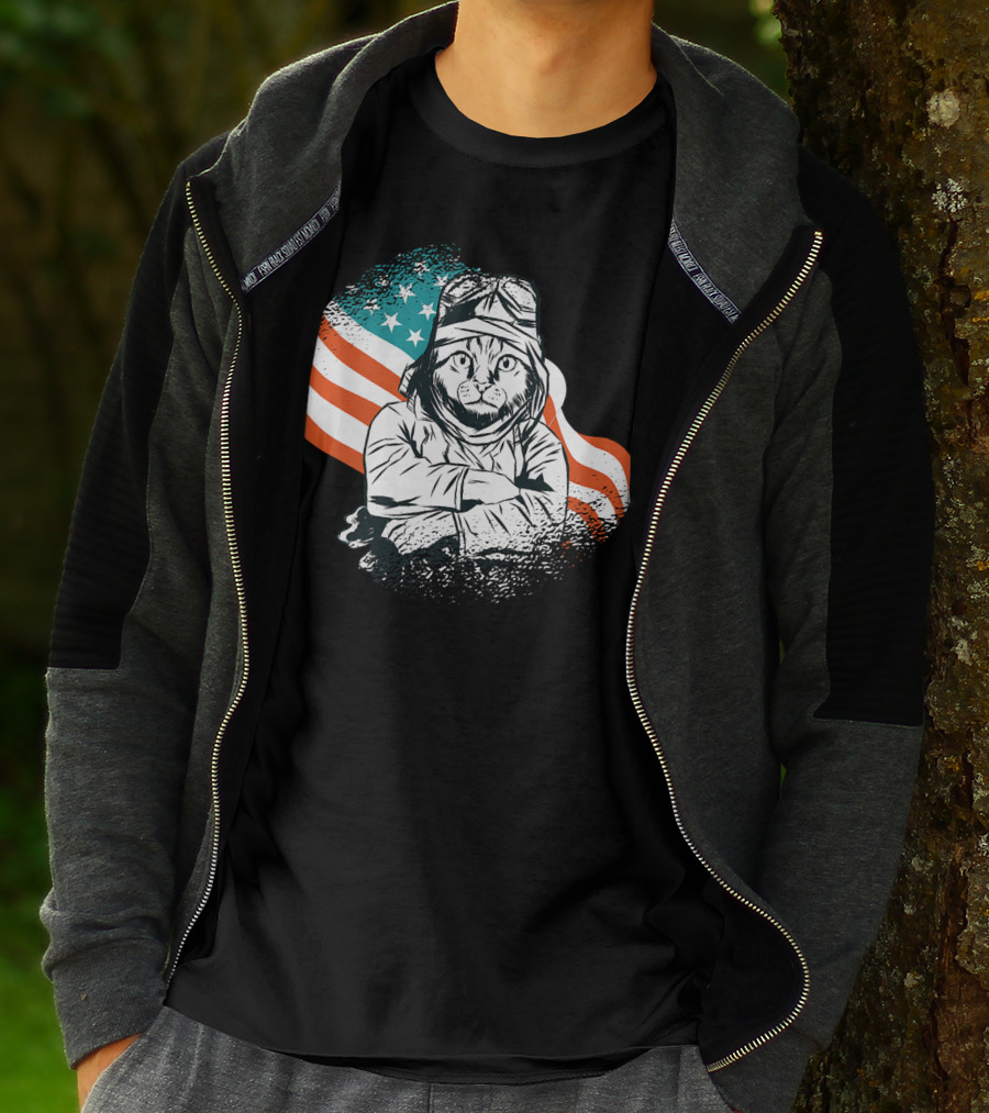 Patriotic Cat Aviator With American Flag For Cat Lovers T-Shirt
