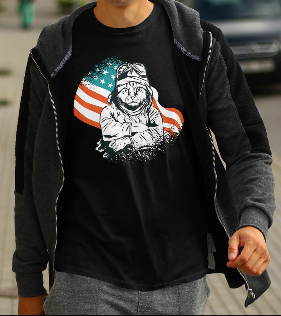 Patriotic Cat Aviator With American Flag For Cat Lovers T-Shirt