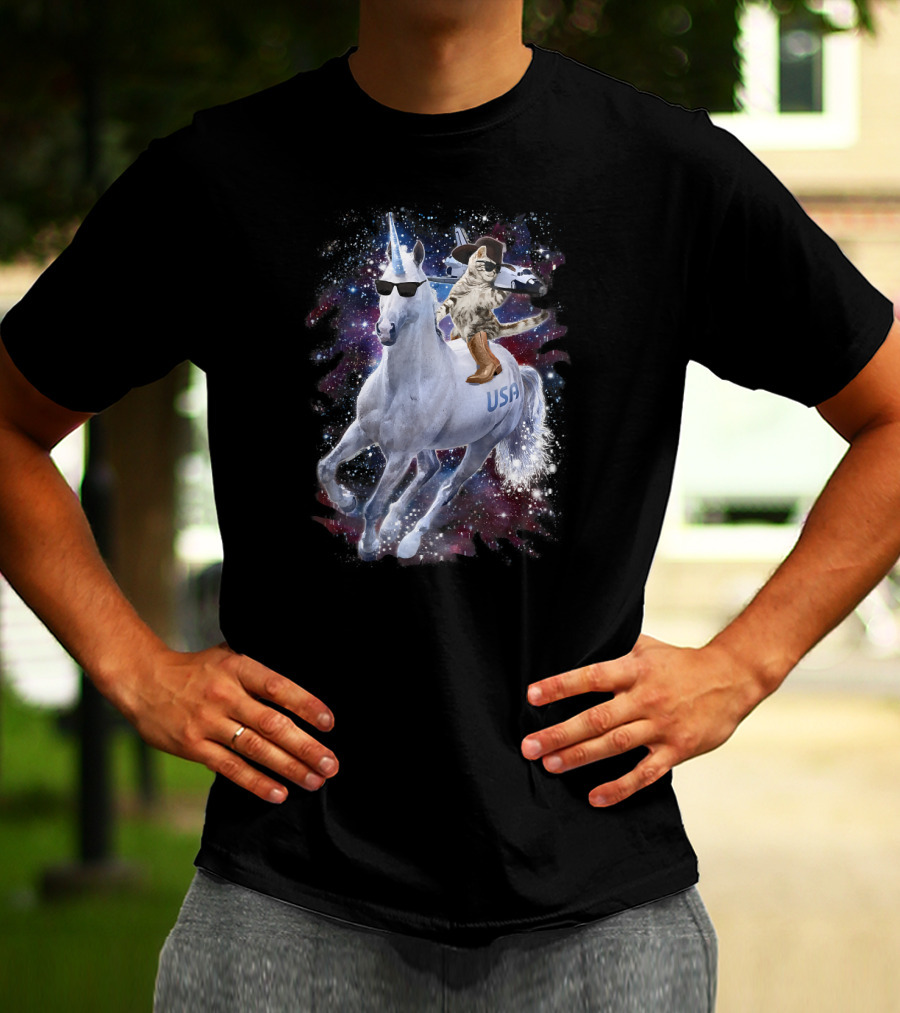 USA Space Cowboy Cat Riding Sunglasses Unicorn In Galaxy T-Shirt