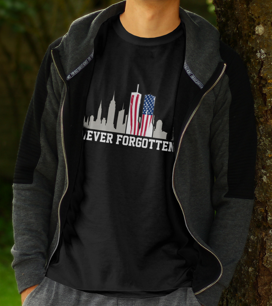 Never Forgotten September 11 Memorial 911 Twin Towers American Flag T-Shirt