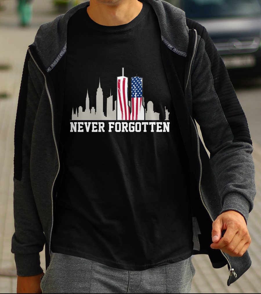 Never Forgotten September 11 Memorial 911 Twin Towers American Flag T-Shirt