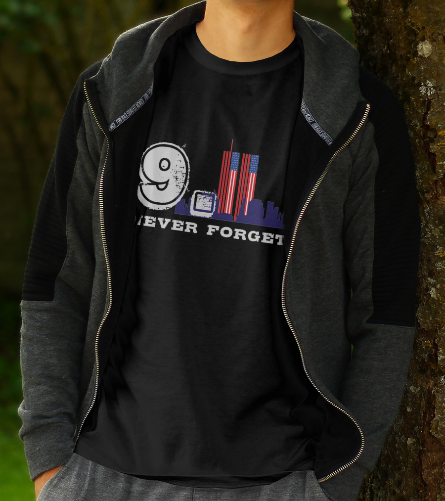 9 Never Forget Twin Towers Skyline American Flag T-Shirt