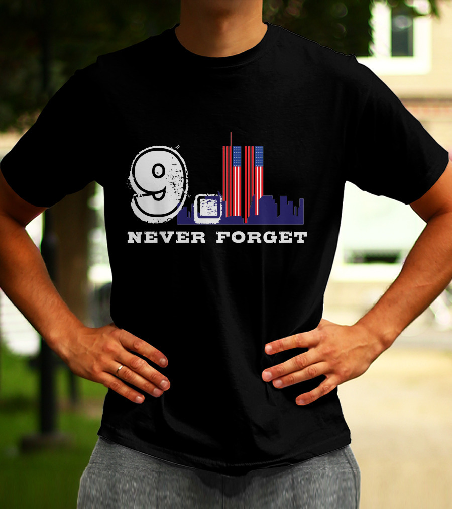 9 Never Forget Twin Towers Skyline American Flag T-Shirt