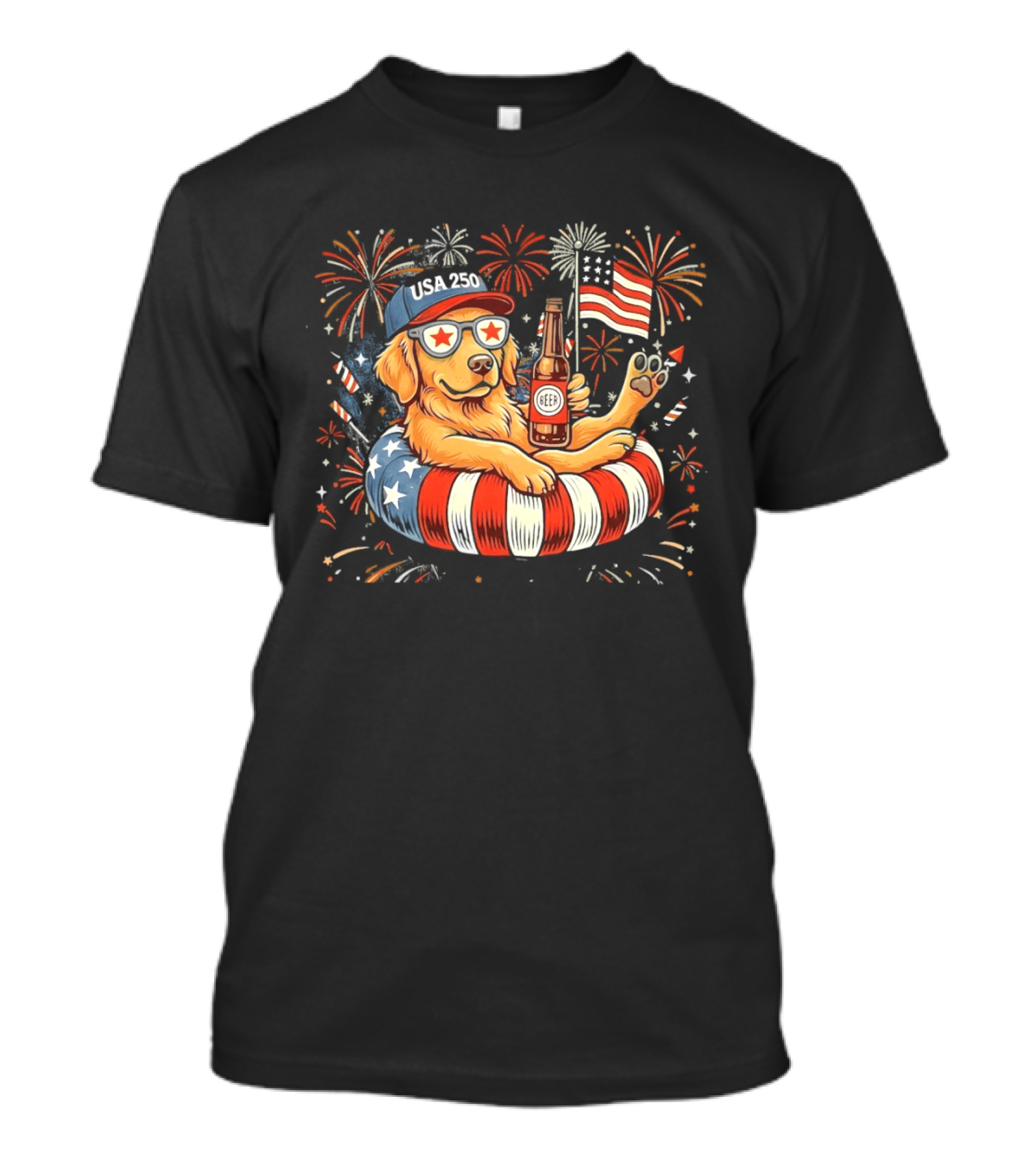 Golden Retriever Beer USA 250 Fireworks American Flag 4th Of July T-Shirt