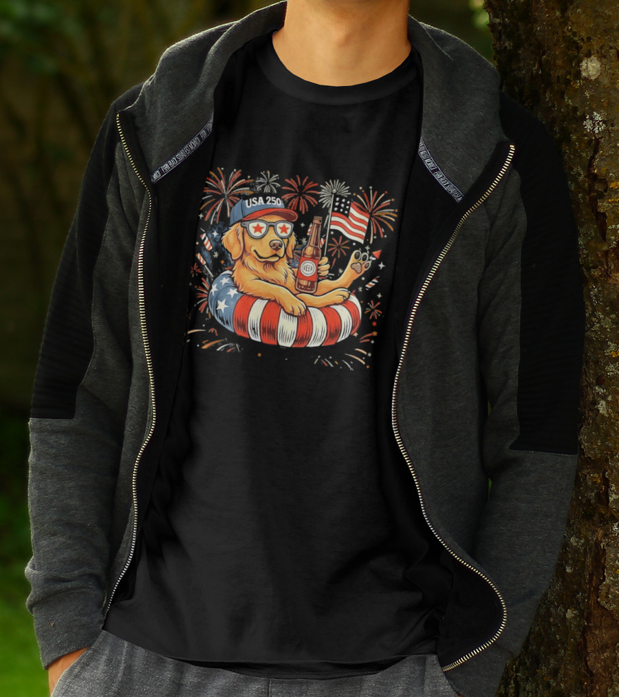 Golden Retriever Beer USA 250 Fireworks American Flag 4th Of July T-Shirt